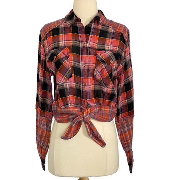 We The Free First Bloom Pink Plaid Crop Button Shirt Tie Front Long Sleeve Small - Picture 1 of 11